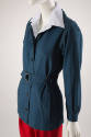 Blue denim jacket with convertible collar & self belt at waist