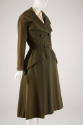Green double breasted coat, fitted waist and flare skirt