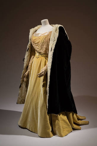 Cape and sleeves in black velvet stole, styled with yellow floor length dress