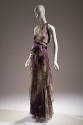 Purple with grey foliage print halter neck floor length gown, tie at waist and handkerchief hem