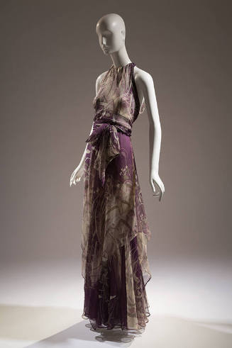 Purple with grey foliage print halter neck floor length gown, tie at waist and handkerchief hem