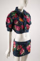 Blue denim cropped jacket and matching mini skirt with rose appliqués, sequins and rhinestones …