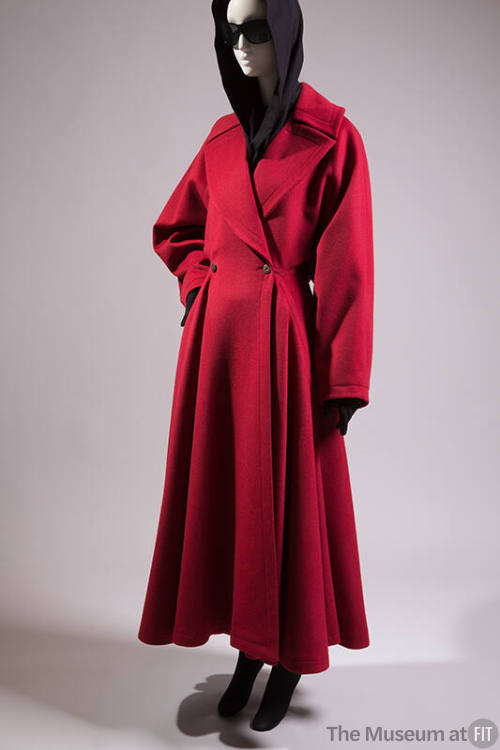 Red double-breasted hooded ankle-length coat