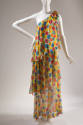 One shoulder floor length dress with three tiered layers and allover red, yellow, blue, orange …