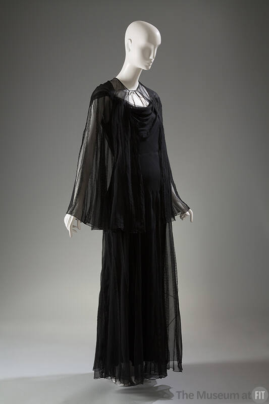 Black floor length night gown with black sheer long sleeve cape