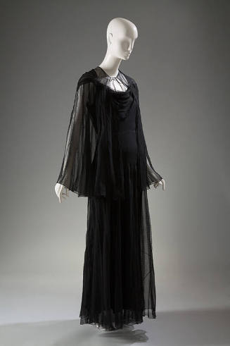 Black floor length night gown with black sheer long sleeve cape