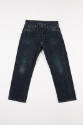Blue denim zip and one button front jeans with two slash pockets, ticket pocket and belt loops