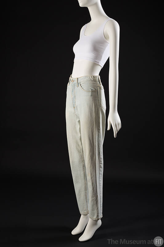 Light blue denim jeans with yellow topstitching, pockets and belt loops