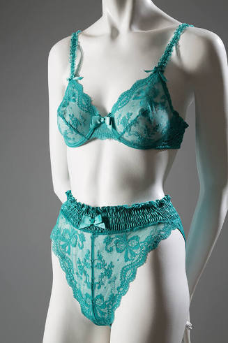 Blue green lace underwire bra and matching high cut panties