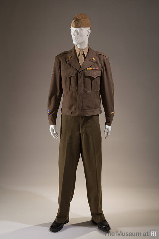 Brown Army uniform jacket with front patch pockets, gold lapel pins and patches, light brown sh…