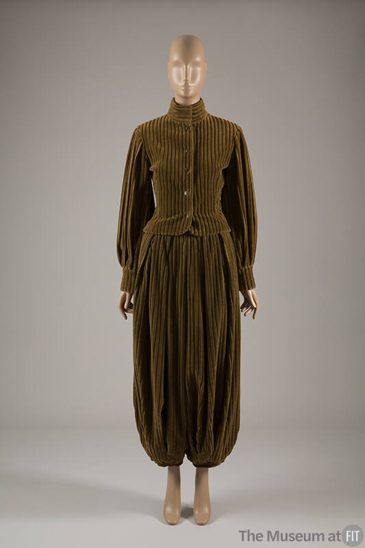 Brownish green corduroy button front long sleeve jacket and matching ankle length pantaloons