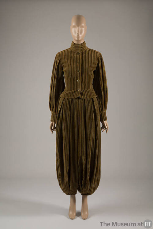 Brownish green corduroy button front long sleeve jacket and matching ankle length pantaloons