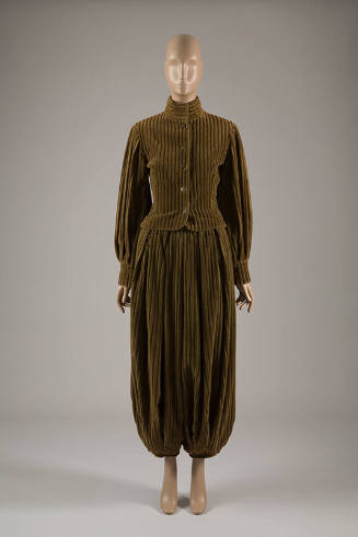 Brownish green corduroy button front long sleeve jacket and matching ankle length pantaloons