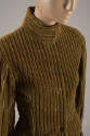 Detail of brownish green corduroy button front long sleeve jacket with high neck