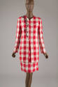 Red and white tablecloth check long sleeve jacket with embroidered ants at right shoulder and m…