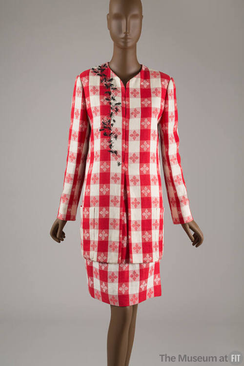 Red and white tablecloth check long sleeve jacket with embroidered ants at right shoulder and m…
