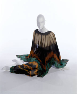 Orange, off-white, black, green / blue poncho with long sleeves and matching pants