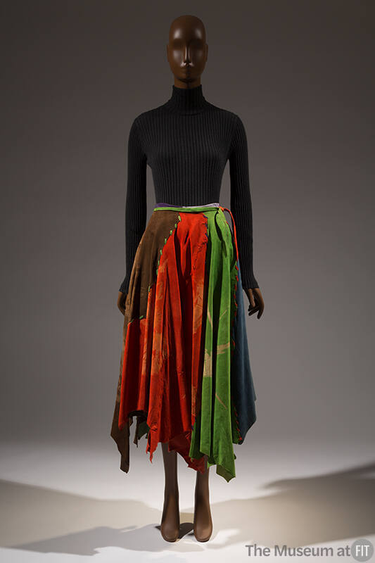 Multicolor suede skirt with suede whipstitching and asymmetric hem 