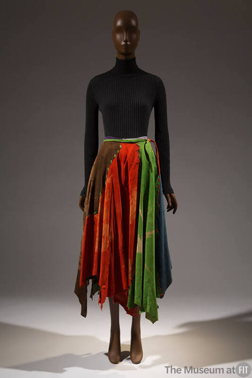Multicolor suede skirt with suede whipstitching and asymmetric hem 