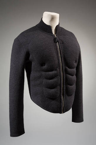 Grey wool long sleeve zip front jacket with stitched and padded abdominal muscles