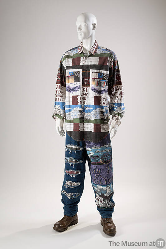 Man’s button front shirt and wide leg, distressed blue jeans printed with multicolor words and …