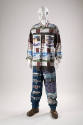 Man’s button front shirt and wide leg, distressed blue jeans printed with multicolor words and …