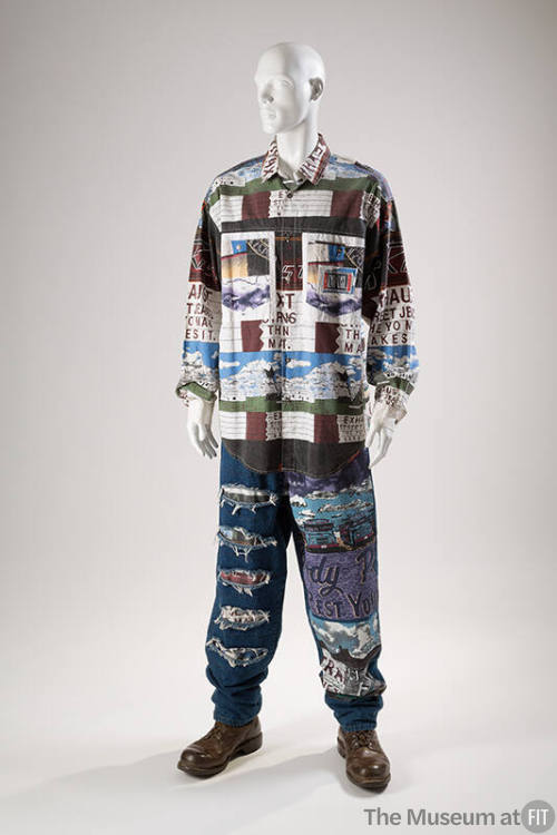 Man’s button front shirt and wide leg, distressed blue jeans printed with multicolor words and …