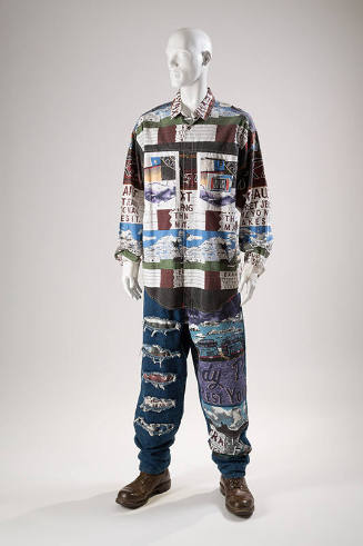 Man’s button front shirt and wide leg, distressed blue jeans printed with multicolor words and …
