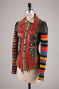 Fitted leather jacket with multicolor striped sleeves and abstract shapes of tan, red and black…