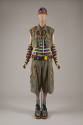 Ensemble of olive green vest and shorts, rainbow striped union suit and matching separate sleev…