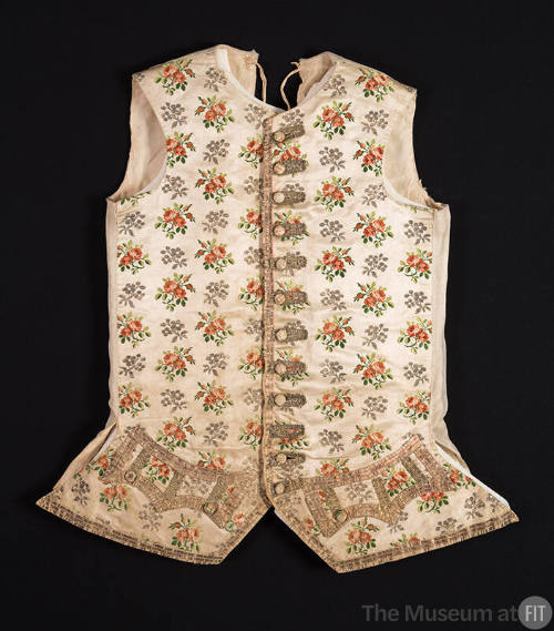 Man’s off-white waistcoat in red, pink and green floral brocade with silver metallic embroidery…