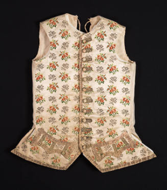 Man’s off-white waistcoat in red, pink and green floral brocade with silver metallic embroidery…