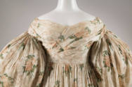  wide decollete crossover draped bodice and long puffed sleeve