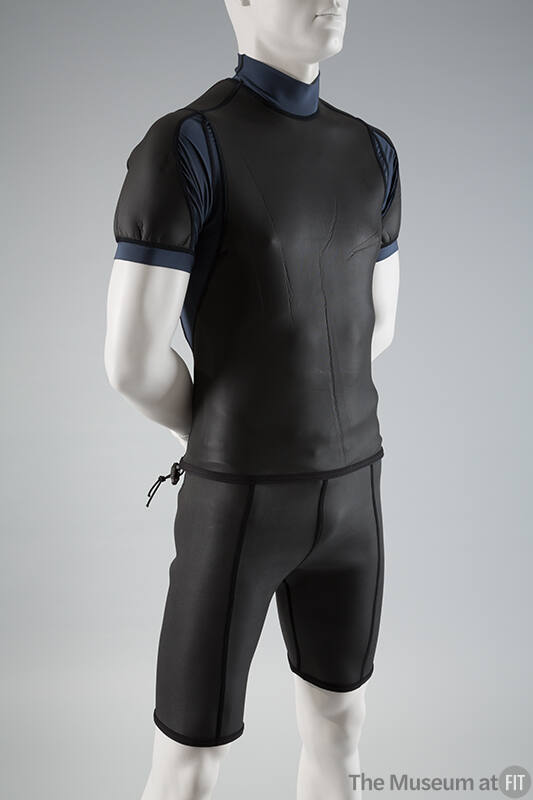 Black short sleeve scuba top with high neck, and knee length trunks