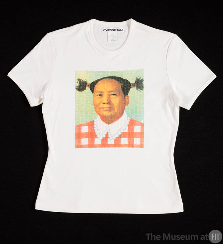 white T-shirt with photo print of Mao in pigtails in large square, covered with clear sequins