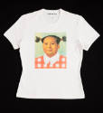 white T-shirt with photo print of Mao in pigtails in large square, covered with clear sequins