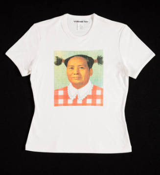 white T-shirt with photo print of Mao in pigtails in large square, covered with clear sequins