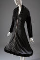 Black long sleeve zip front dress with velvet trim and hoop hem