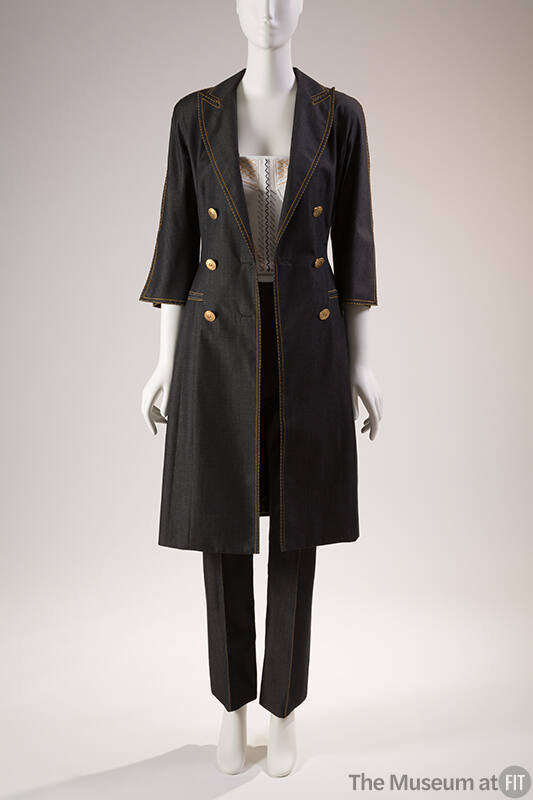 Blue silk double breasted kenn length jacket with gold buttons, matching blue pants and white c…