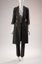 Blue silk double breasted kenn length jacket with gold buttons, matching blue pants and white c…