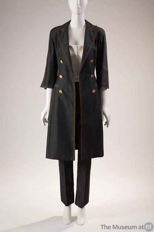 Blue silk double breasted kenn length jacket with gold buttons, matching blue pants and white c…