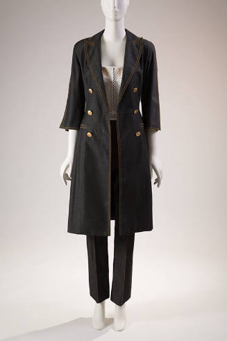 Blue silk double breasted kenn length jacket with gold buttons, matching blue pants and white c…