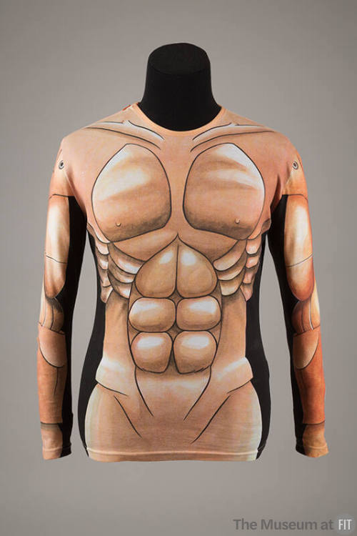 Beige, tan and off-white long sleeve t-shirt with print of male torso