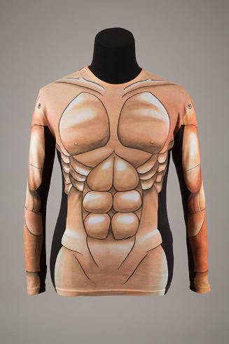 Beige, tan and off-white long sleeve t-shirt with print of male torso
