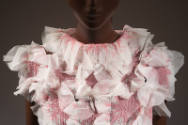 Detail of white and pink rosettes on dress neckline