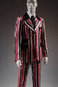 Detail of striped black, pink and pale pink suit jacket with velvet collar and pocket flaps, ma…