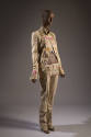 Three-piece light beige pantsuit ebmroidered with large floral design inspired by 18th century …