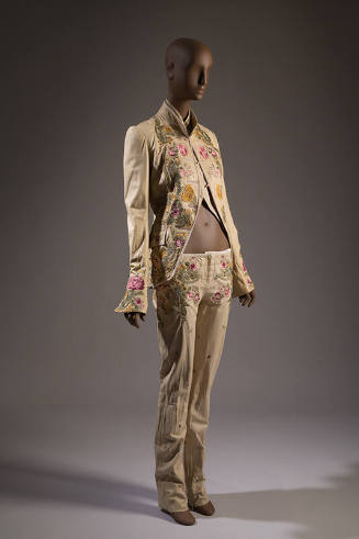 Three-piece light beige pantsuit ebmroidered with large floral design inspired by 18th century …