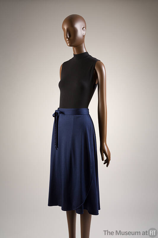 Navy blue wrap skirt and black high neck tank top