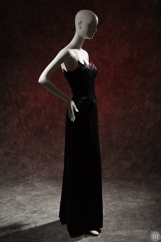 Black evening set: boned bustier with flamed shaped edges lined with red silk; long skirt